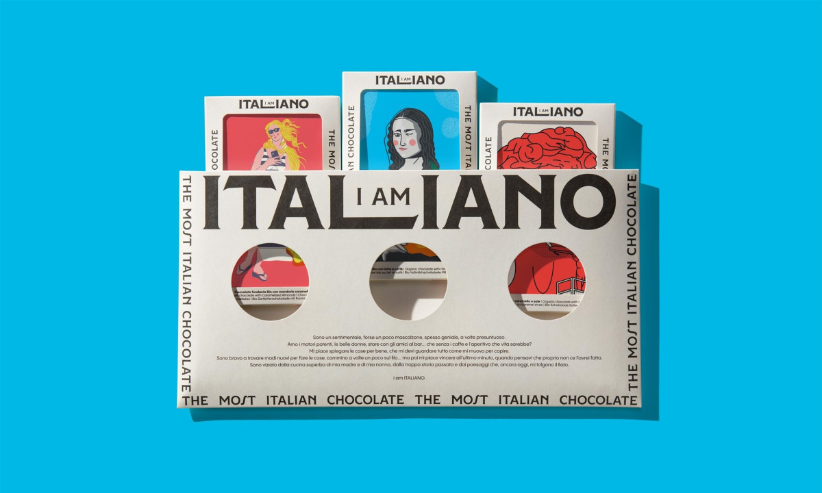 Custom paper sleeve holds three illustrated chocolate bars.