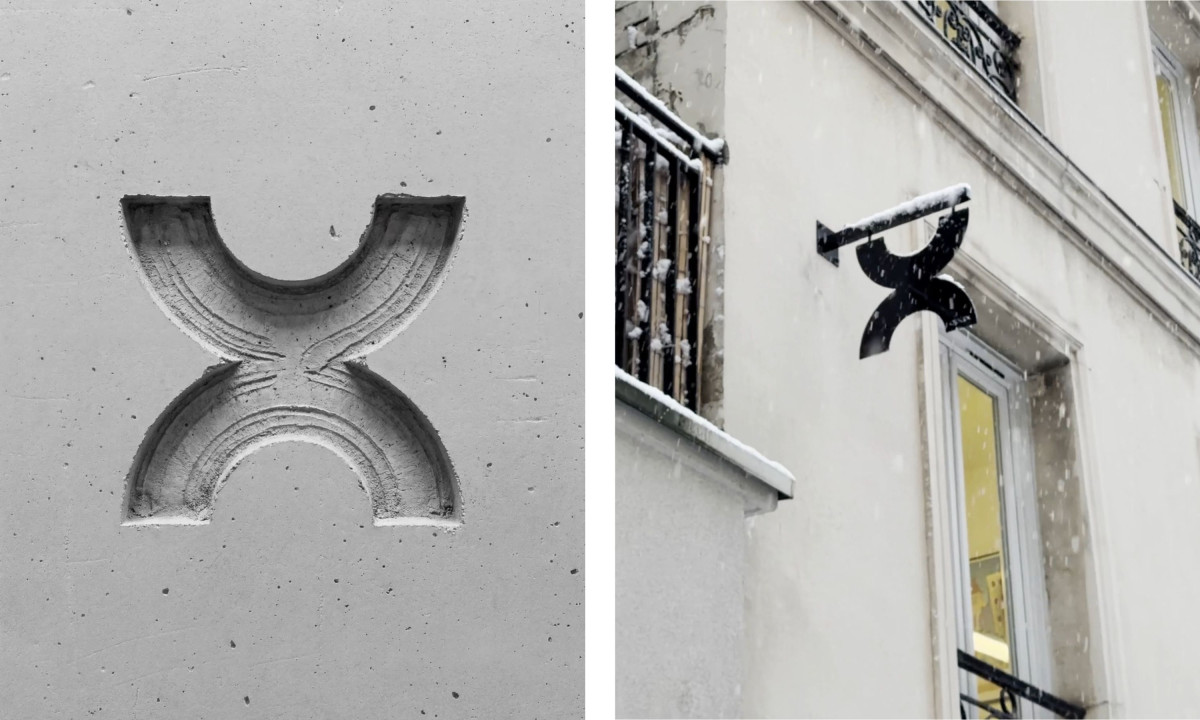 Split image shows a carved logo and metal sign.