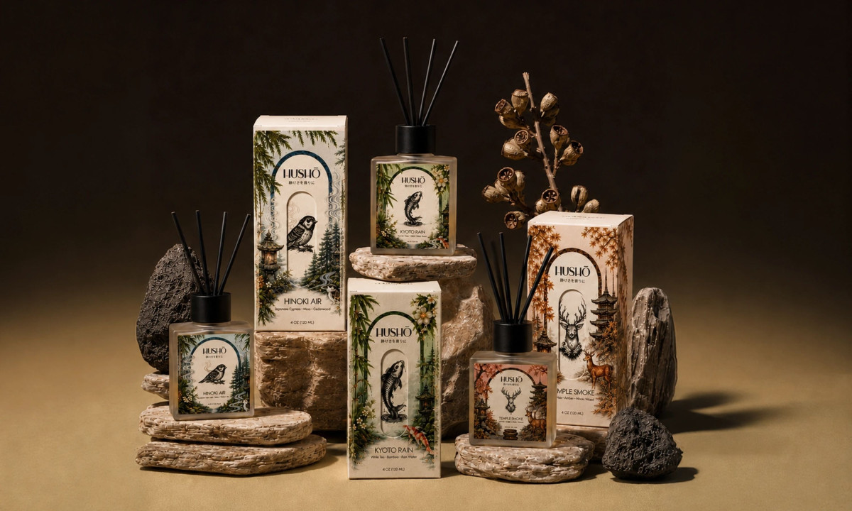Three reed diffusers and matching illustrated boxes rest on stacked stones against a dark background.