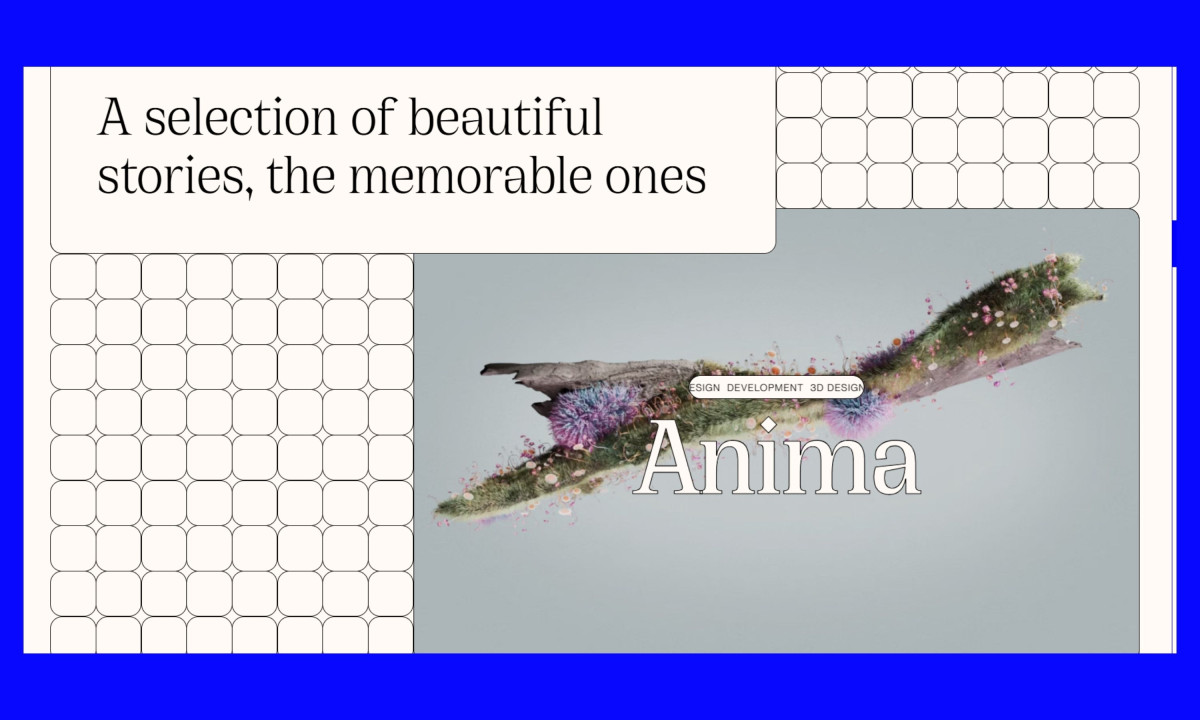Webpage features a grid pattern, elegant typography, and a floating 3D floral branch graphic.