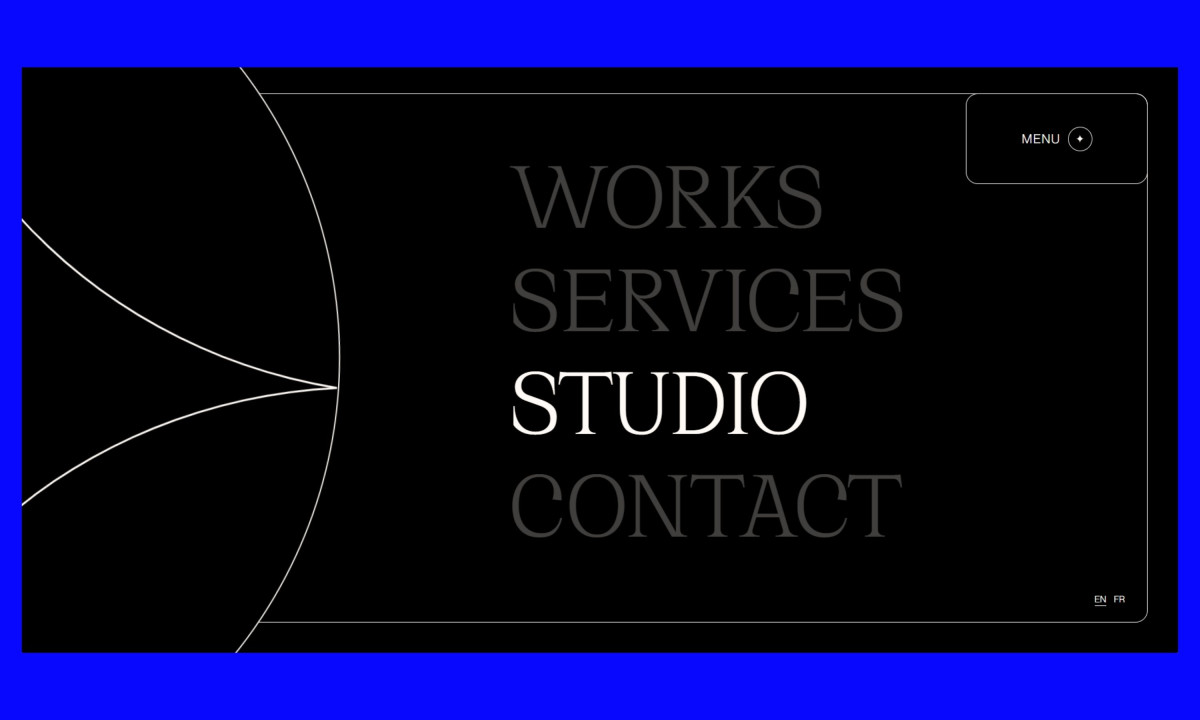 Dark minimalist web interface displays large navigation links beside abstract white curved lines.