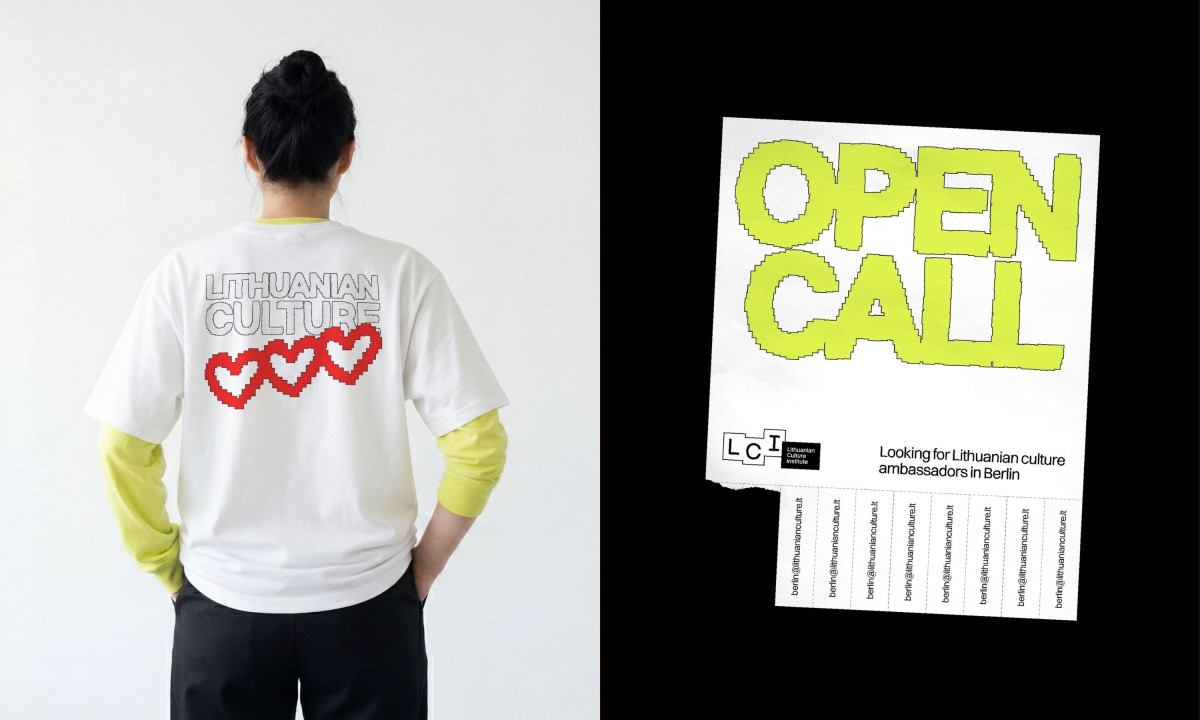 A split image displays a person in a pixelated heart t-shirt beside a tear-off open call flyer.