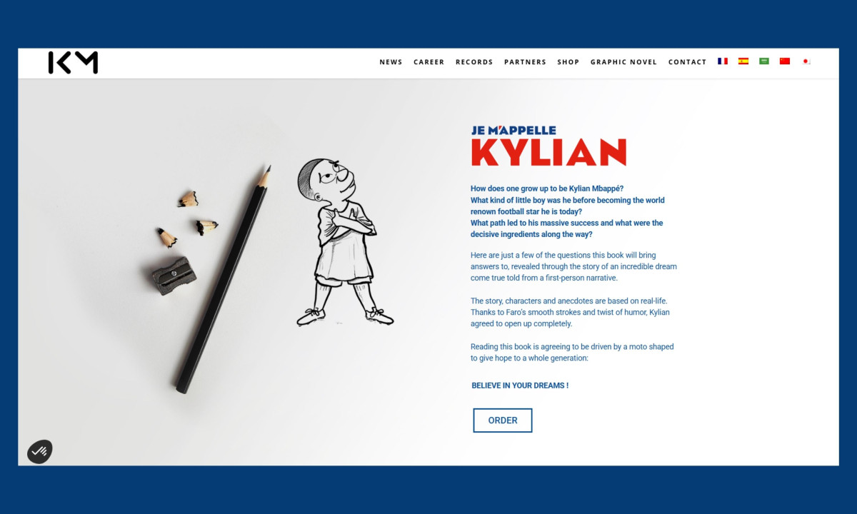 Webpage displays a pencil beside a boy's sketch to promote the graphic novel Je M'appelle Kylian.