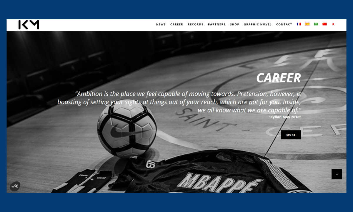 Black and white webpage displays a soccer ball and Mbappé jersey on a locker room floor.