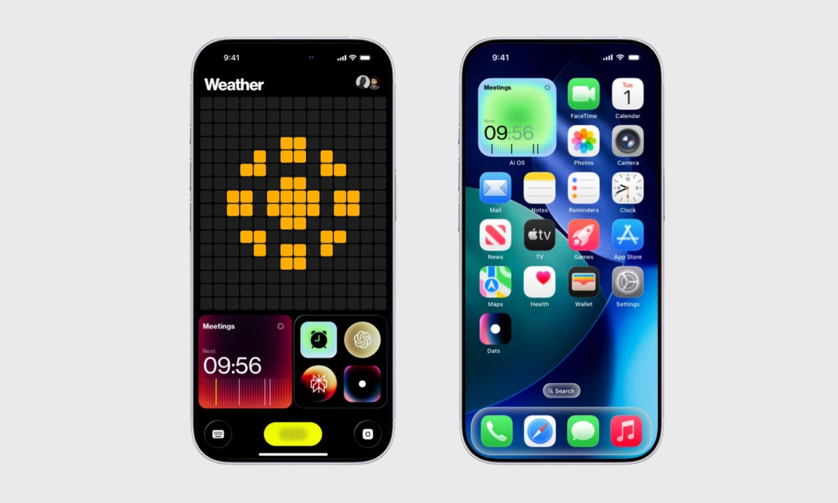 UI display highlights dynamic widgets on two smartphone screens.