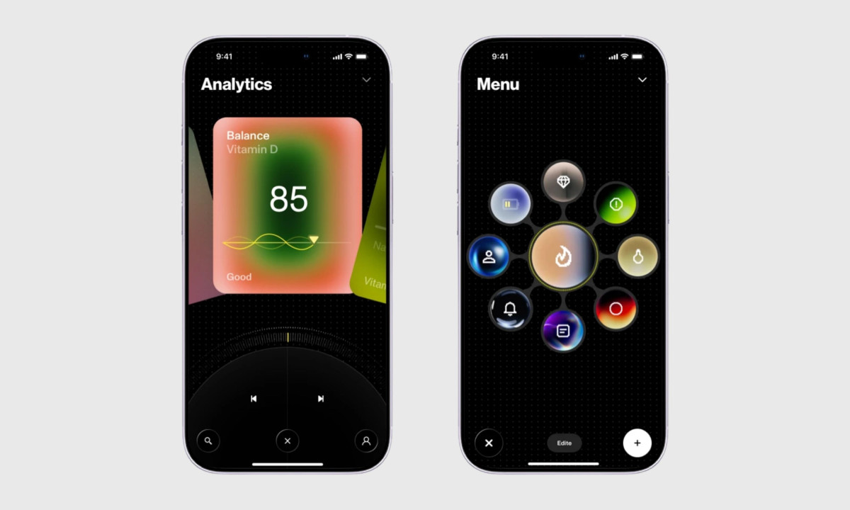 App interface presents data analytics and a circular menu.