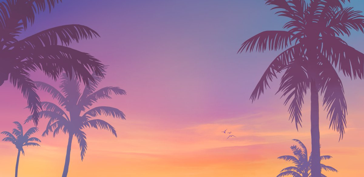 palm trees against a purple-pink-orange sky