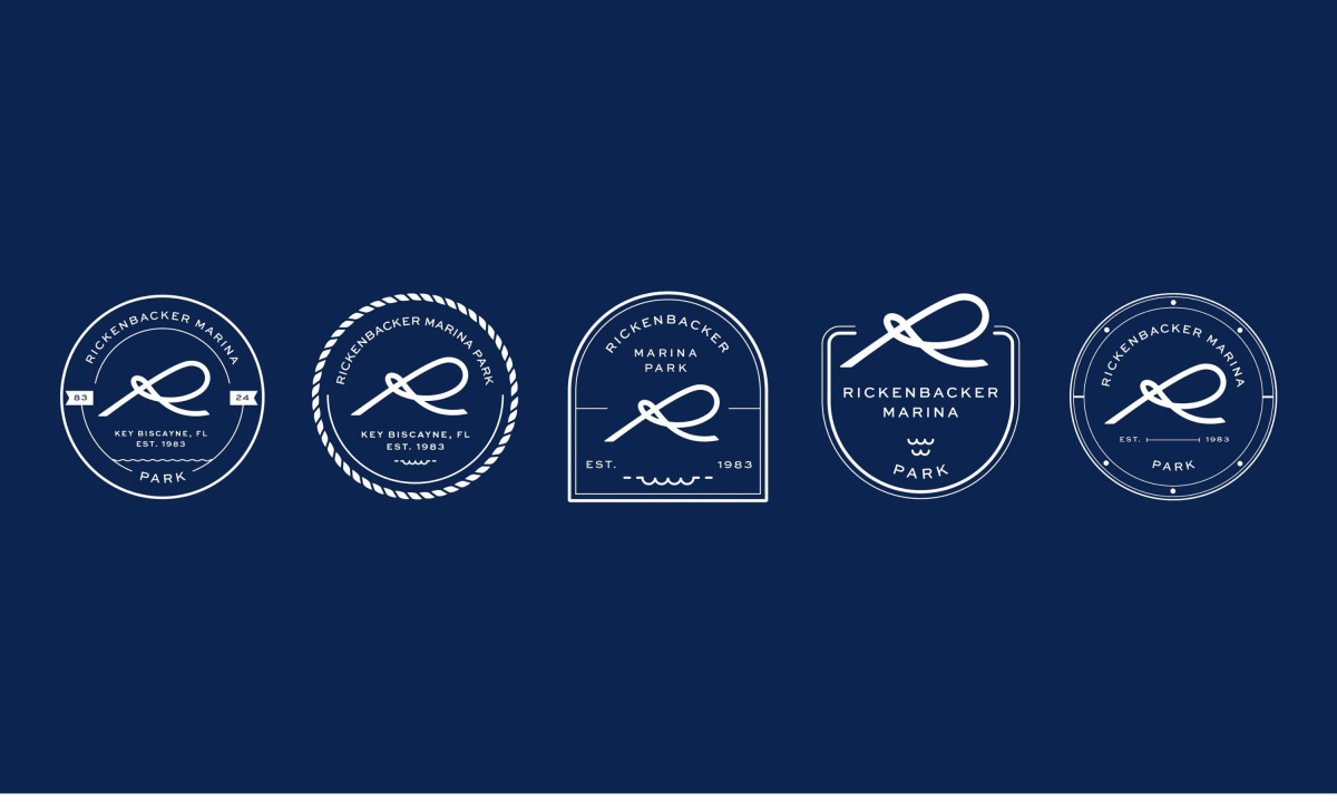 Image displays five white logo variations on blue background.