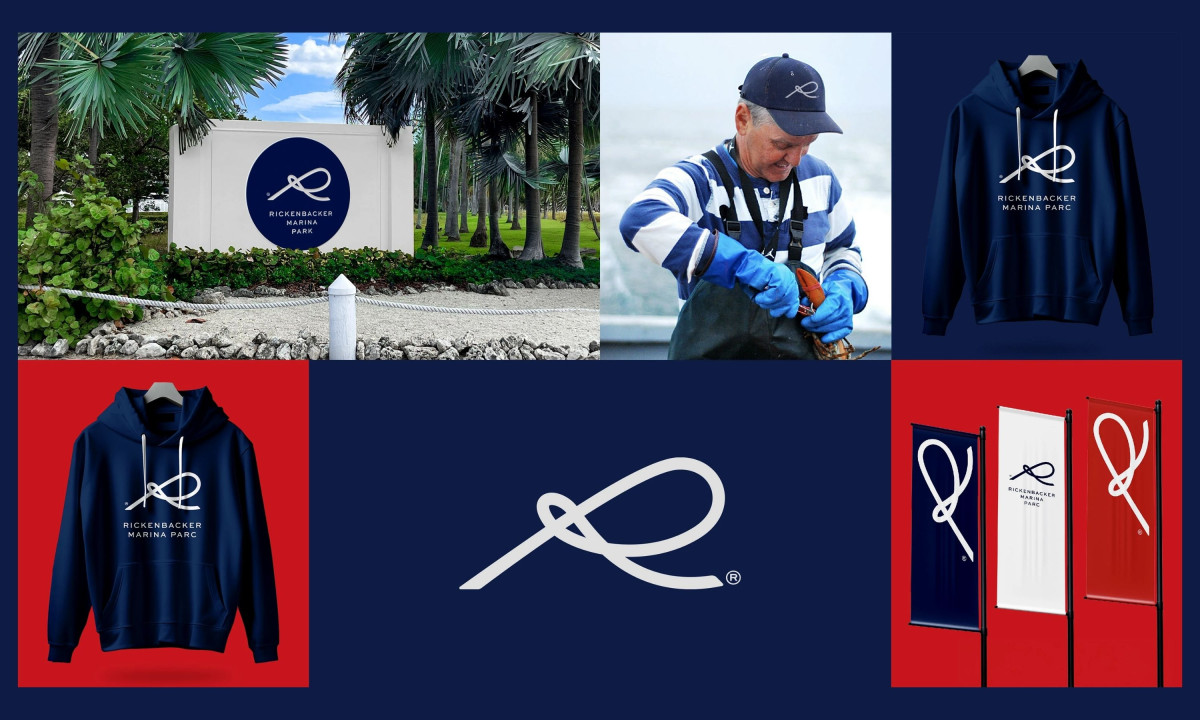 Collage features the marina logo on apparel and signage.