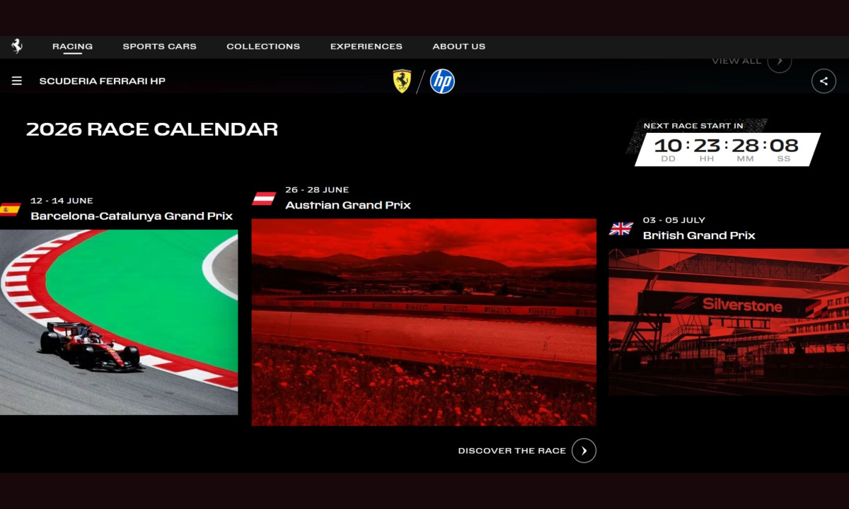 Webpage features a race calendar with a countdown timer.