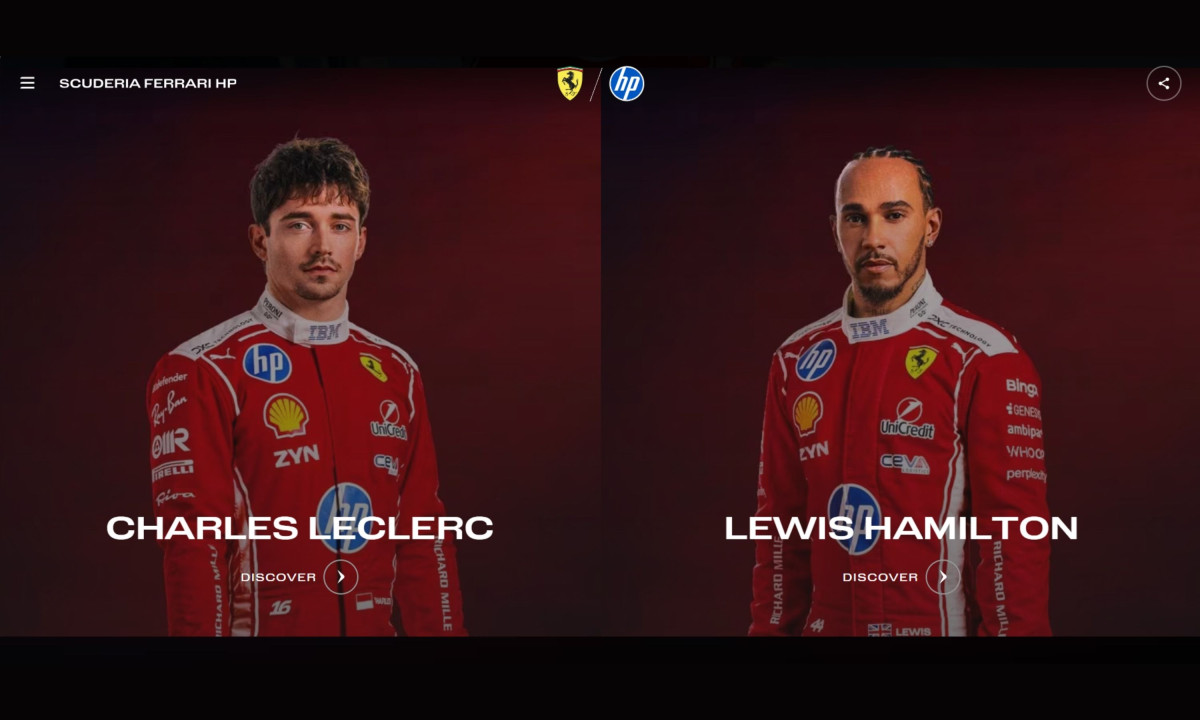 Webpage displays split portraits of two Ferrari racing drivers.