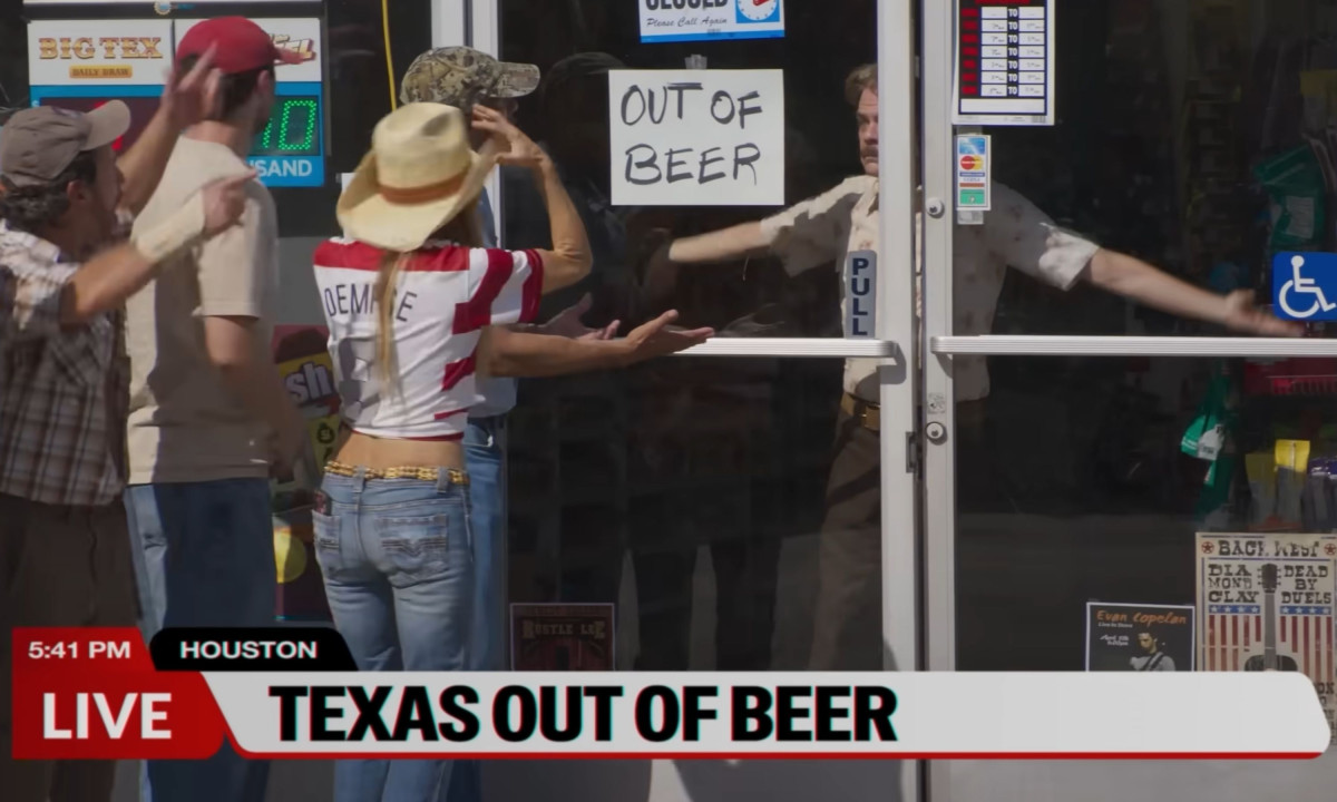 A news broadcast shows fans protesting a beer shortage.