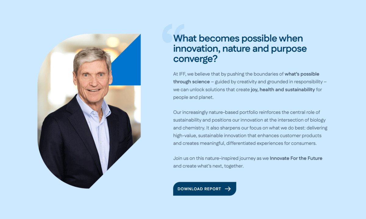 Landing page section shows a corporate portrait next to text.