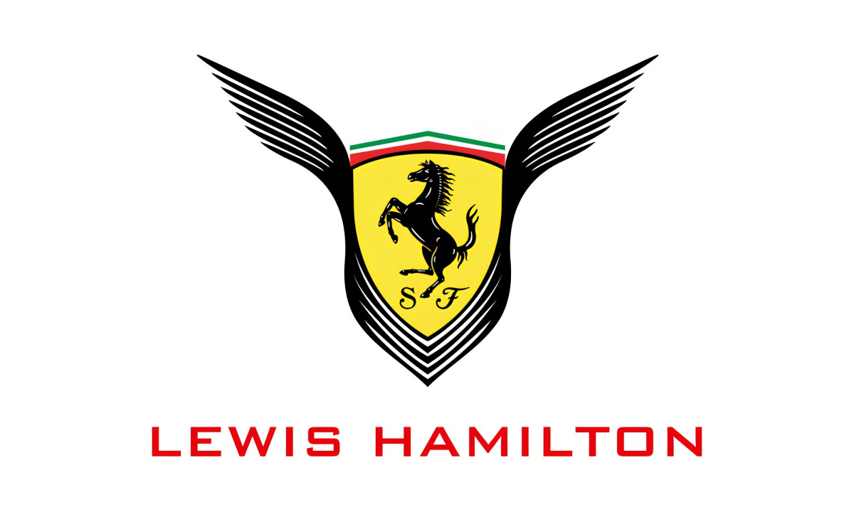 Ferrari shield with black wings and red Lewis Hamilton text.