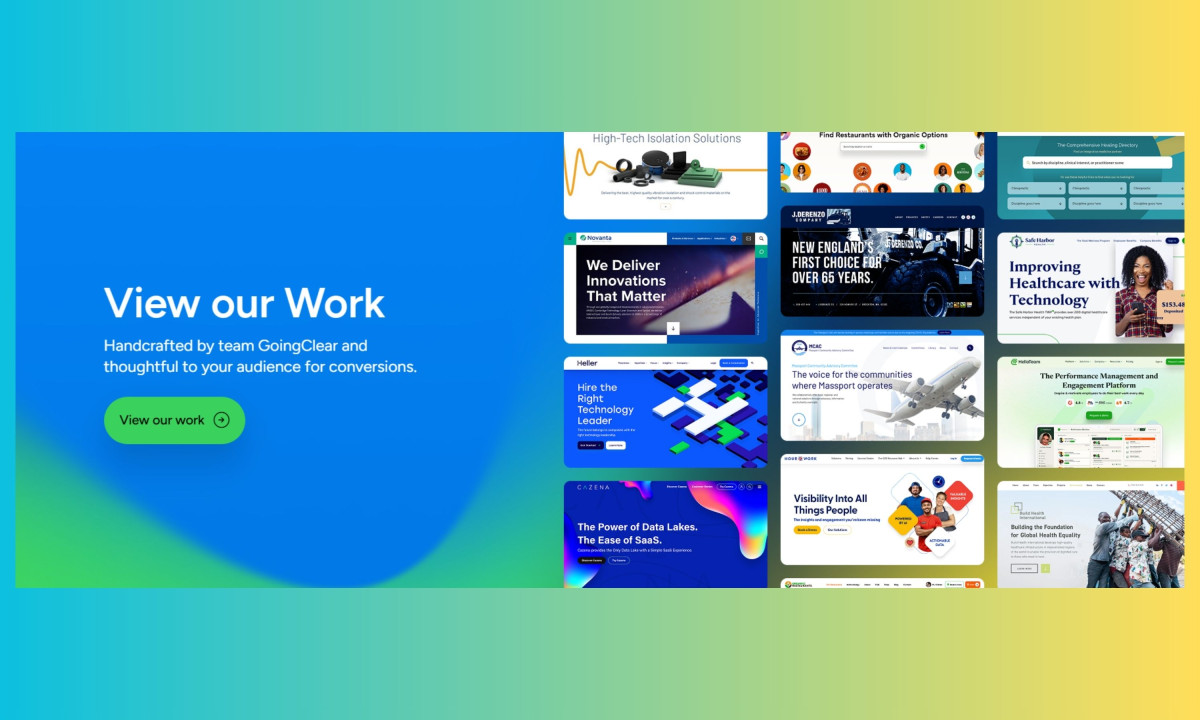 Grid of website design thumbnails under "View our Work".