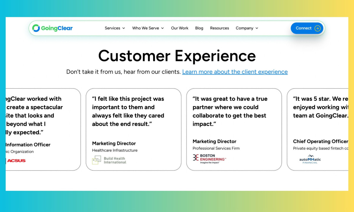 Horizontal carousel of client testimonial cards on a webpage.