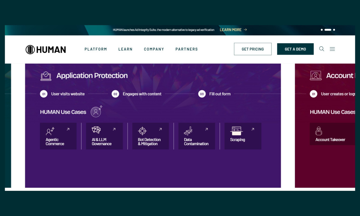 A dark purple website section titled Application Protection showing HUMAN Use Cases like Bot Detection and Scraping.