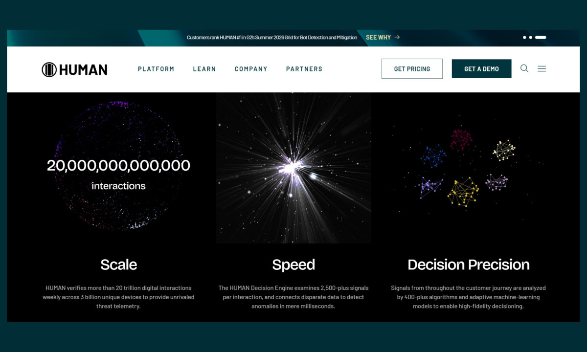 Three dark panels displaying abstract particle and light graphics to illustrate Scale, Speed, and Decision Precision.