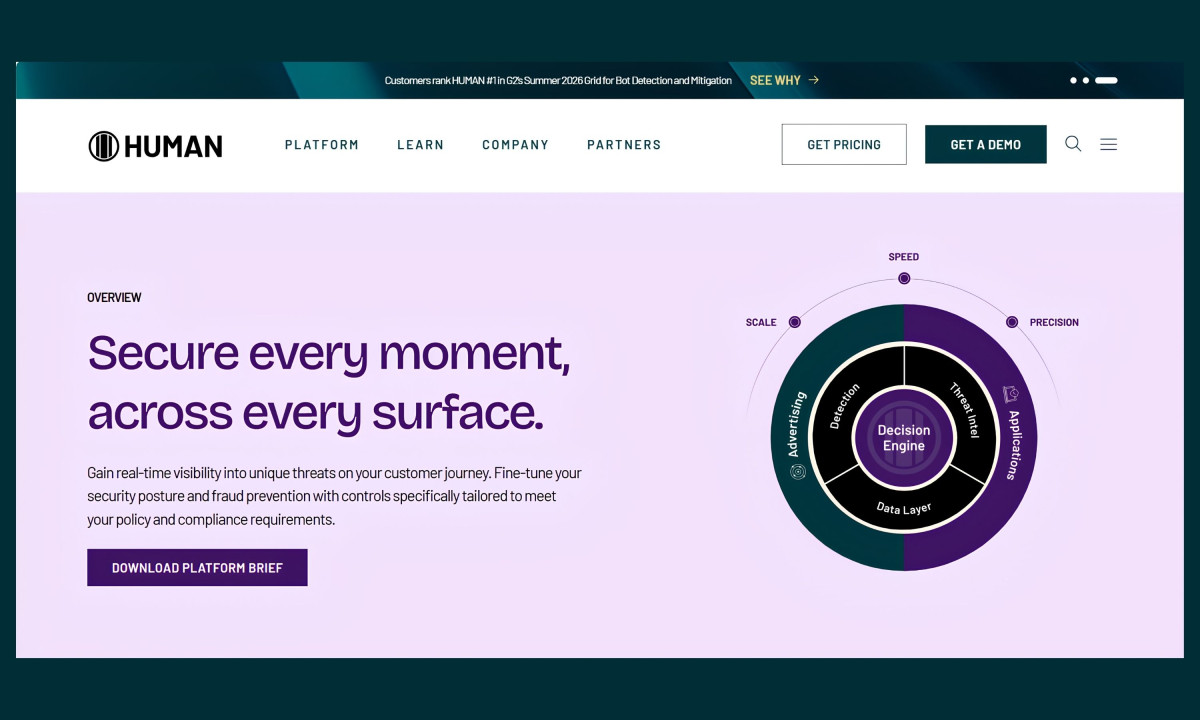 A light purple webpage section showing a circular diagram of the security Decision Engine and Data Layer.