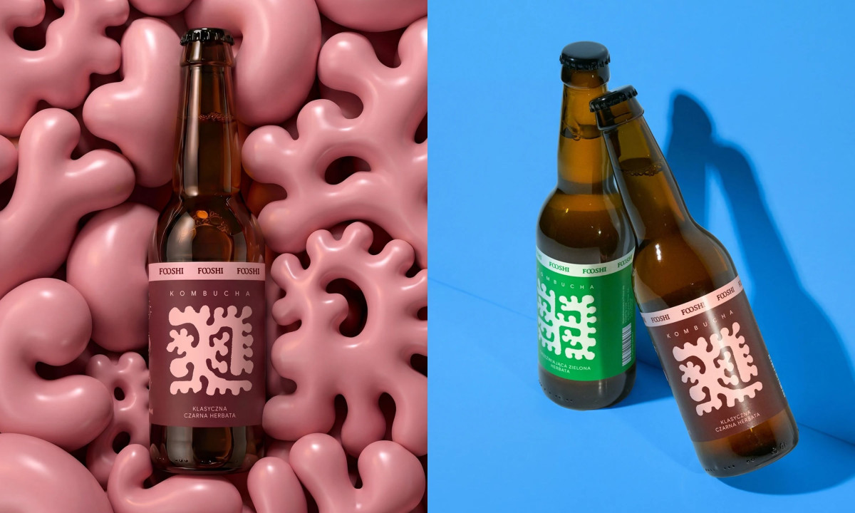 Fooshi kombucha bottles against pink 3D shapes and blue backgrounds.