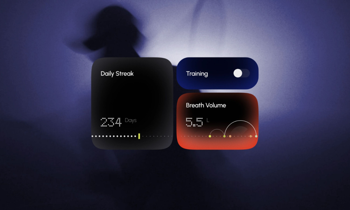 Three floating app widgets showing Daily Streak, a Training toggle, and Breath Volume metrics over a shadowy background.