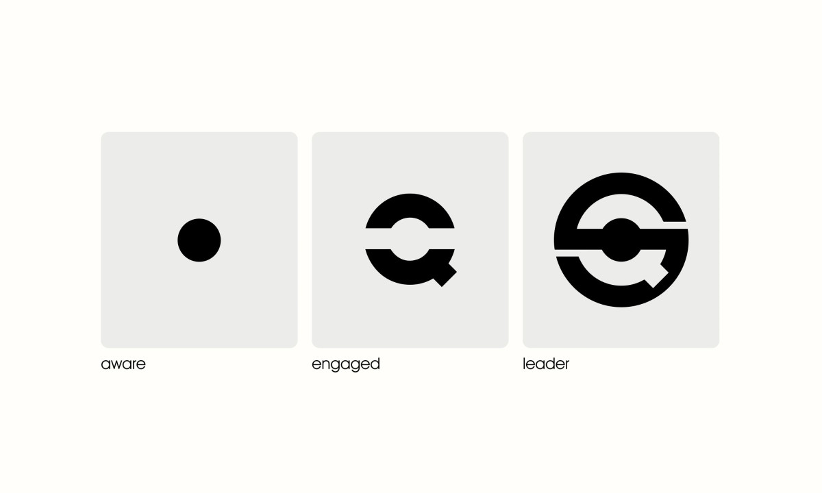 Three panels showing logo progression from a simple dot to a full symbol.