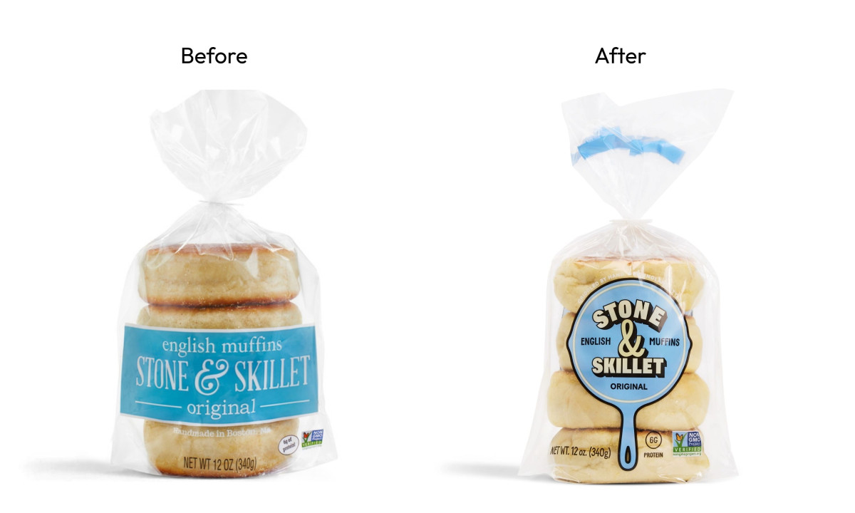 Side-by-side comparison of Stone & Skillet English muffins packaging, showing the old rectangular label and the new blue skillet-shaped label.