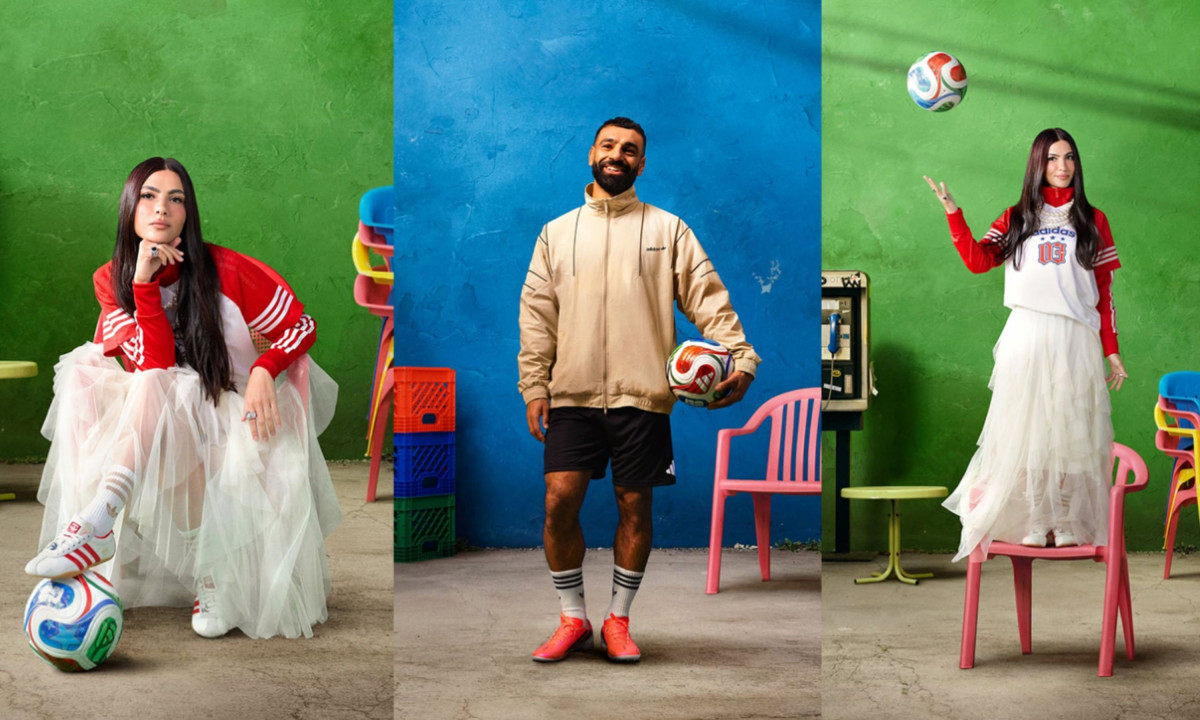 Triptych of Mo Salah and Huda El-Mufti posing with plastic chairs and footballs.