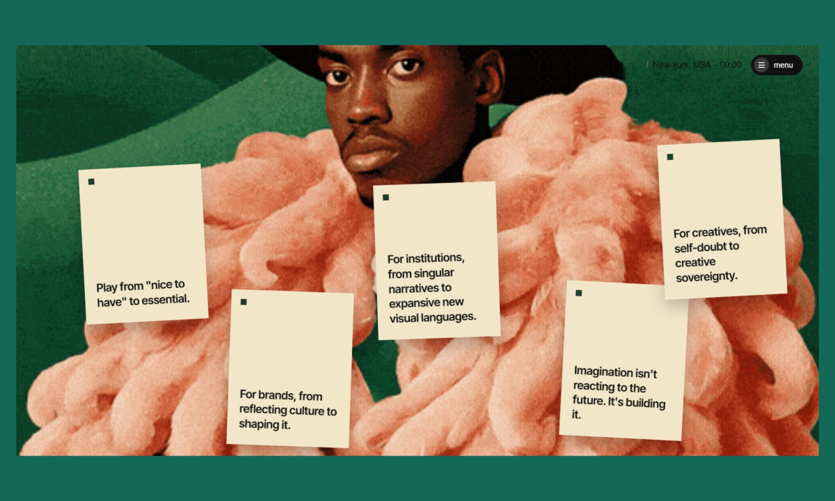 A web design featuring a person in a pink textured garment overlaid with cream-colored informational cards.