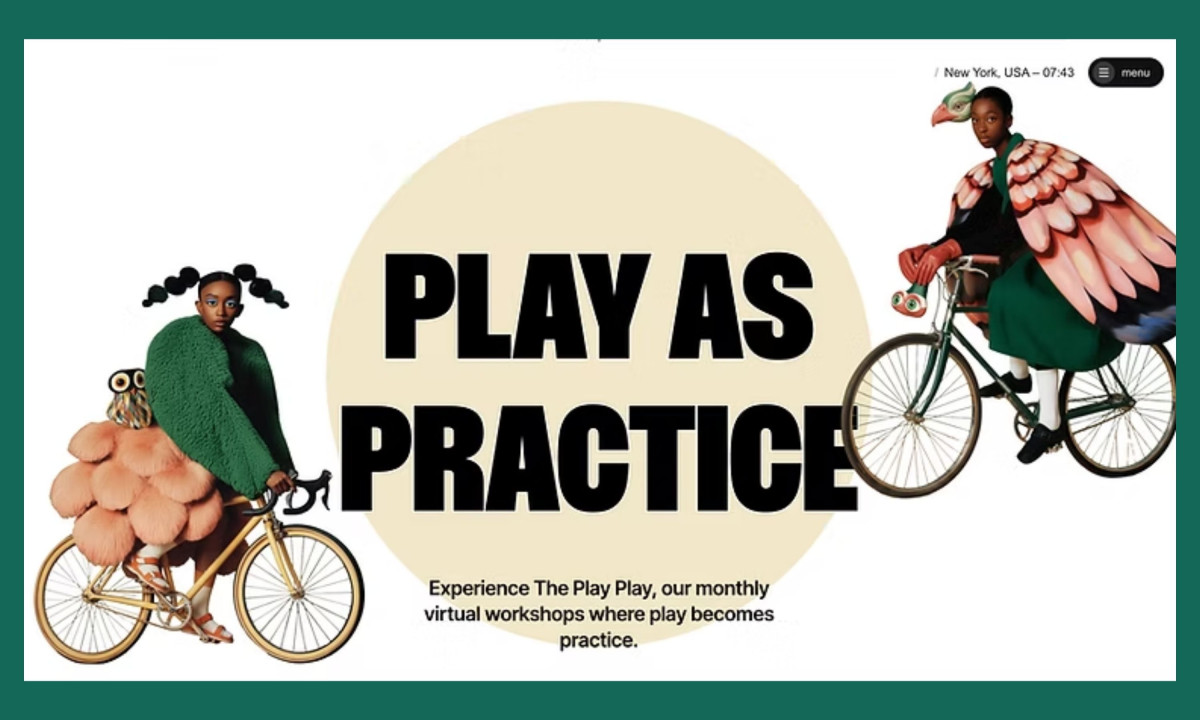 Webpage displaying the text PLAY AS PRACTICE flanked by two people in surreal, colorful costumes riding bicycles.