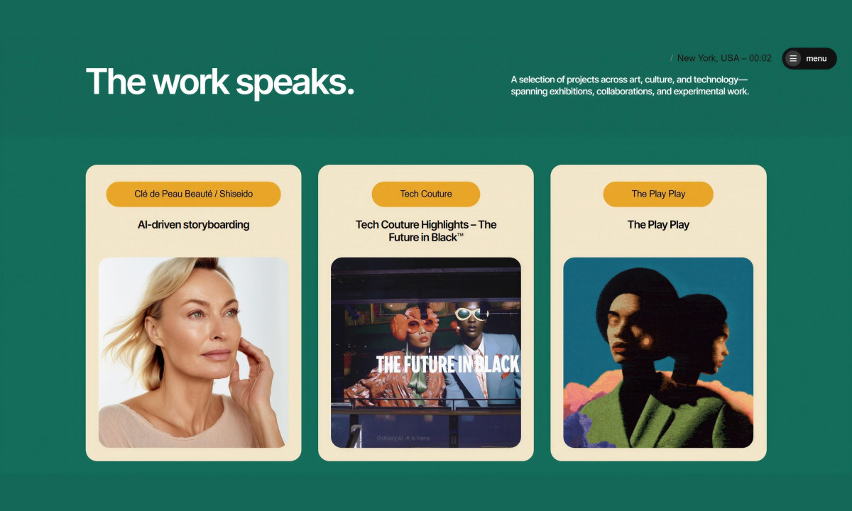 A green webpage titled "The work speaks." displaying three cream-colored project cards featuring different artworks and photography.