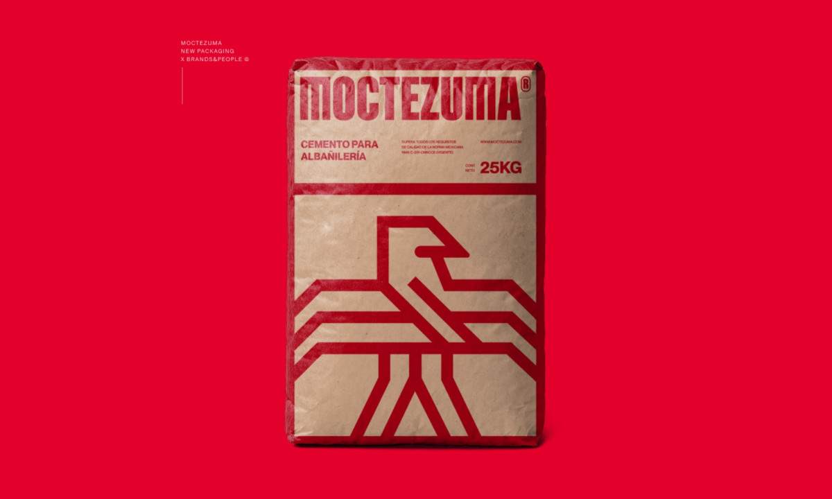 A brown Moctezuma cement bag featuring a bold red geometric bird design and typography on a bright red background.