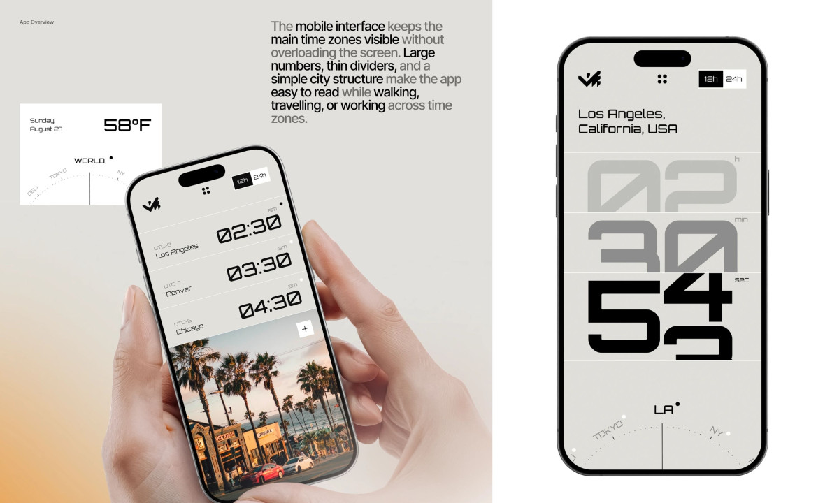 Phone displaying time zones, a street photo, and a large digital clock.