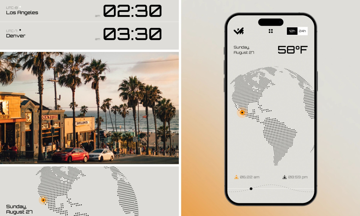 Time zones, a street photo, and a dotted globe interface on a phone.