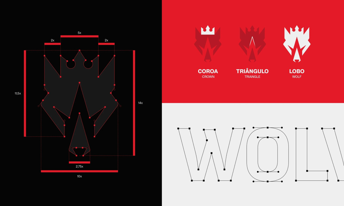 Design blueprints detailing the geometric proportions and core symbols of the Wolves Den logo.