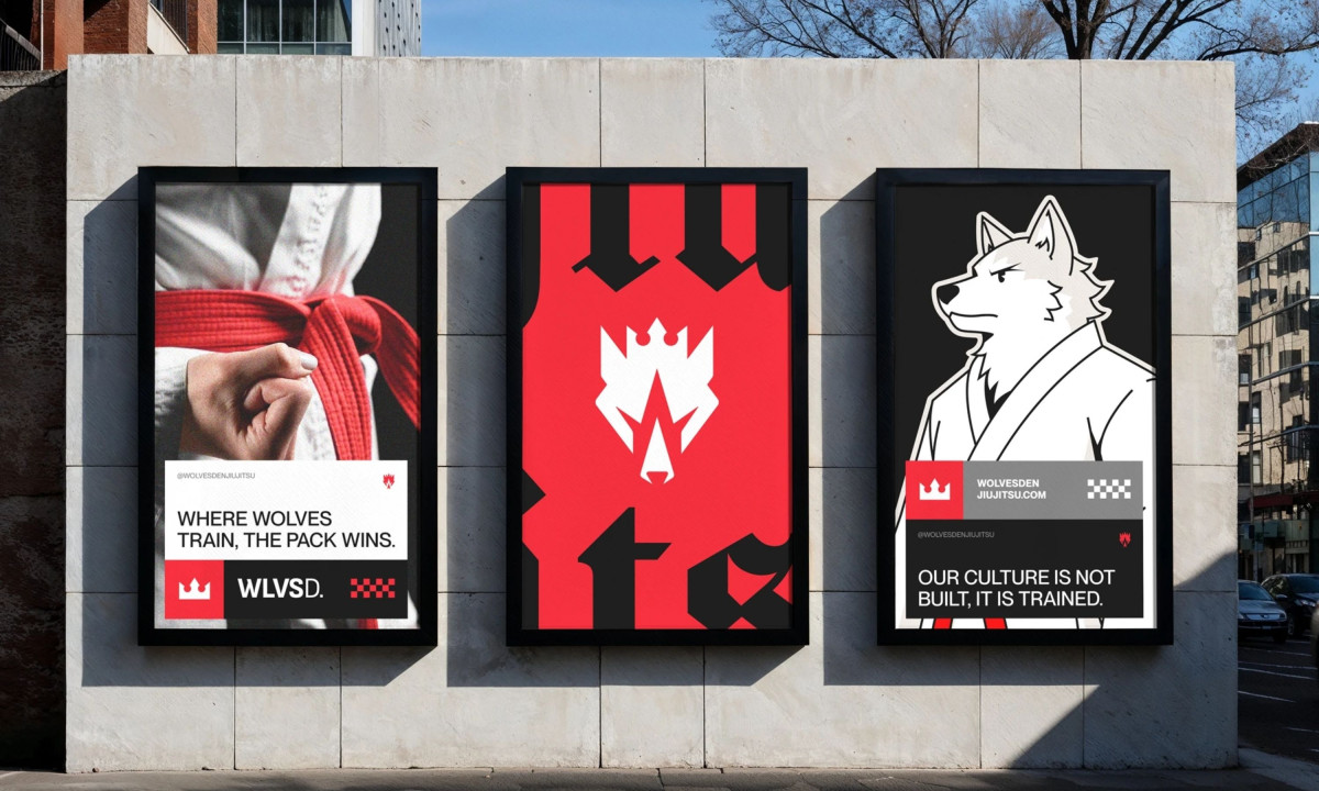 Three outdoor billboards displaying a red jiu-jitsu belt, the main wolf logo, and an illustrated wolf in a kimono.