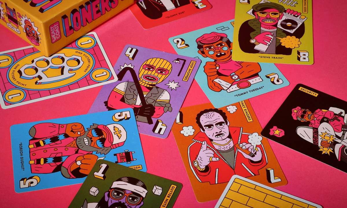 Scattered Loners character cards on a pink background.