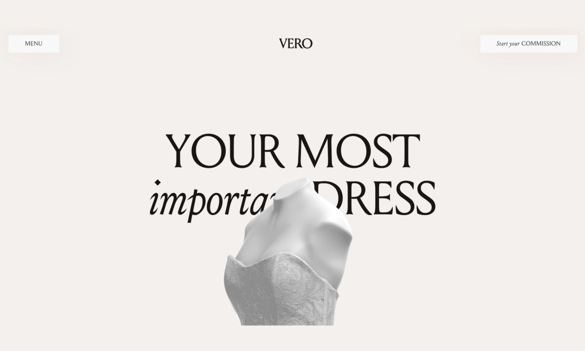 VERO homepage featuring a sculpted wedding dress torso and bold text on a beige background.