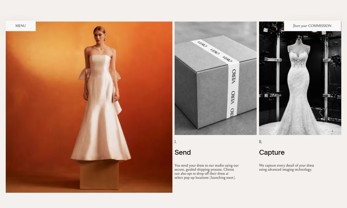 Webpage showing a step-by-step guide with photos of a bride, a branded shipping box, and a dress being 3D scanned.