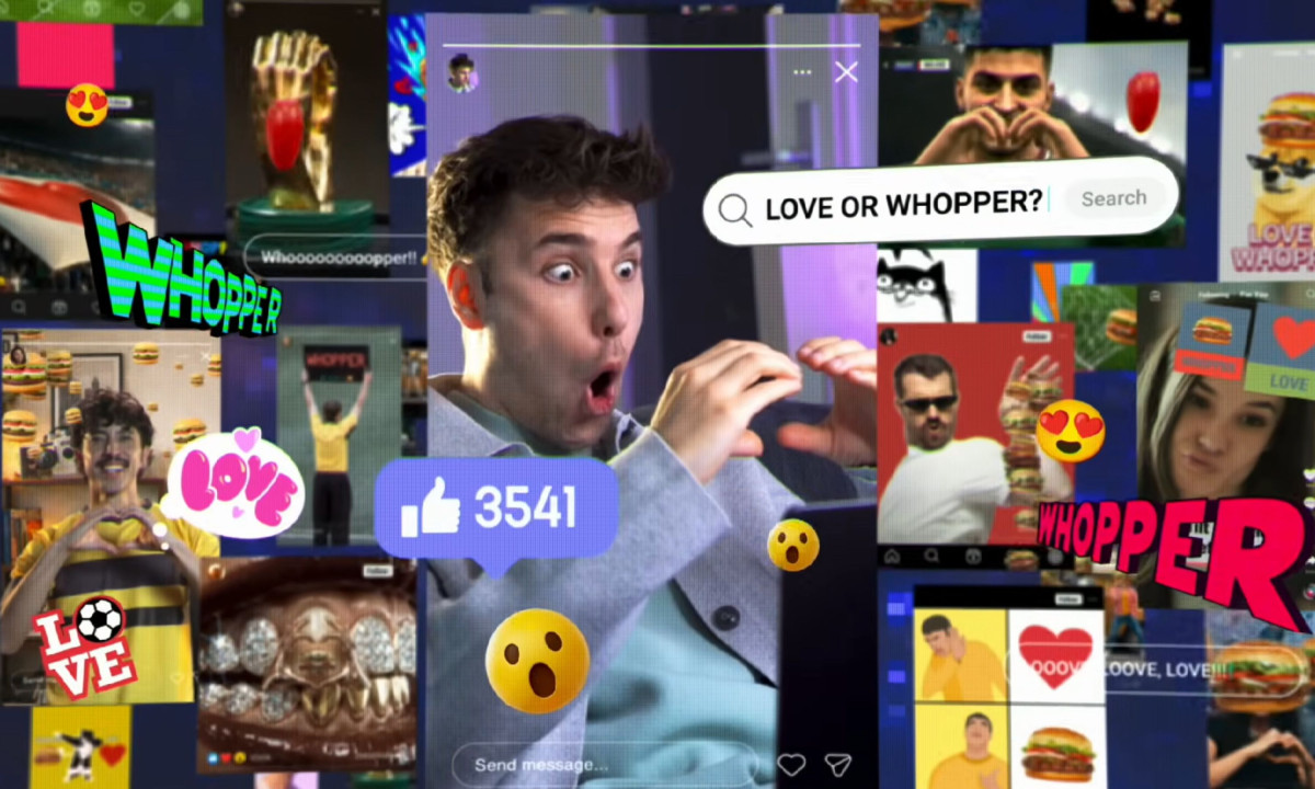 A chaotic collage of social media interfaces, popping emojis, and a surprised man.