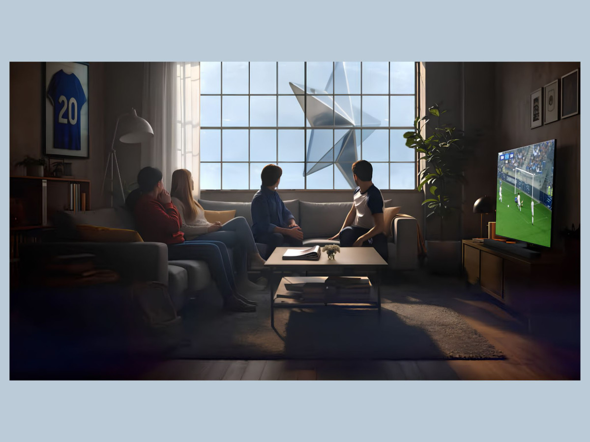 Friends watch soccer while a star hovers outside.