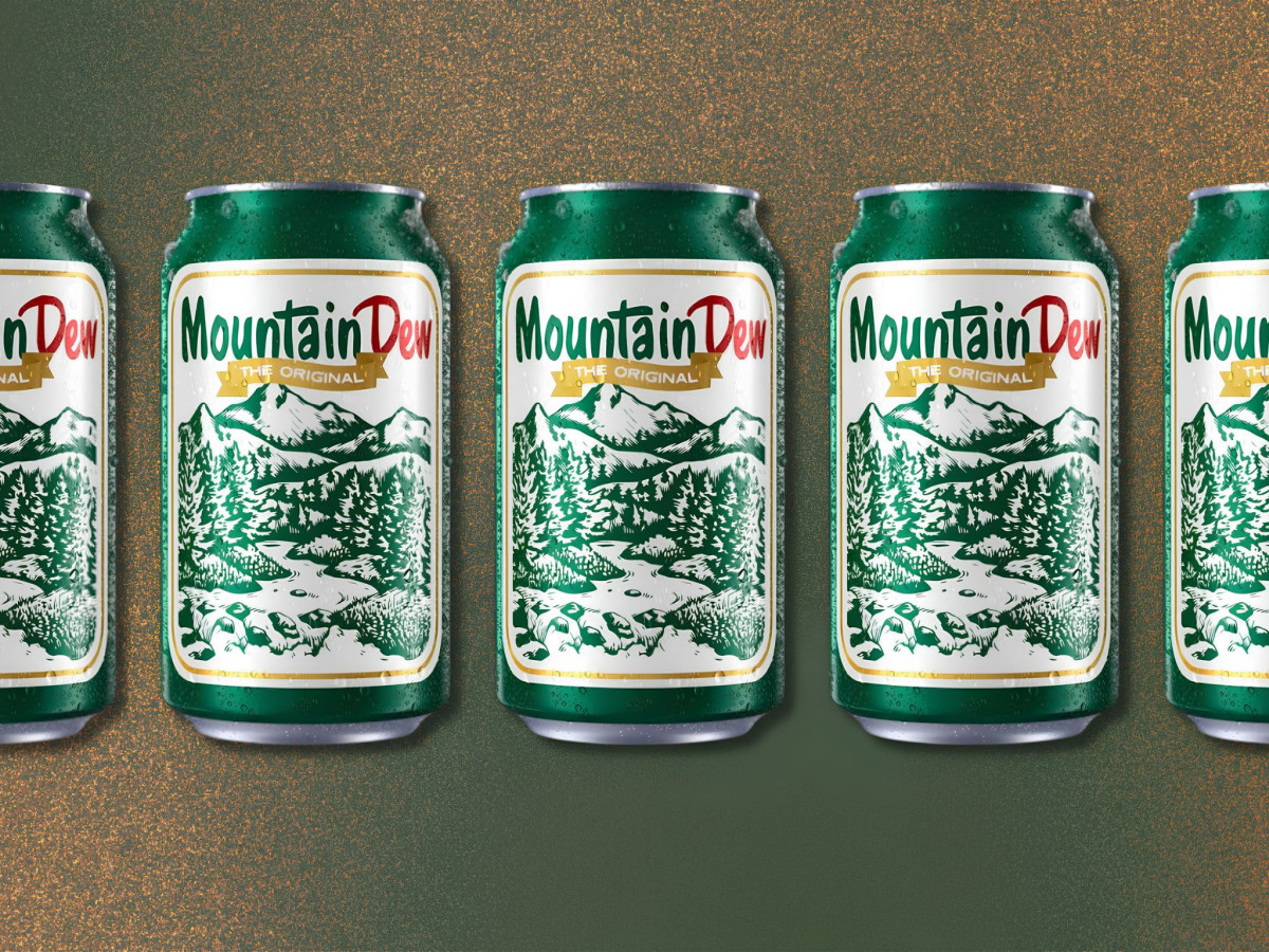 A row of green, retro-themed Mountain Dew cans.