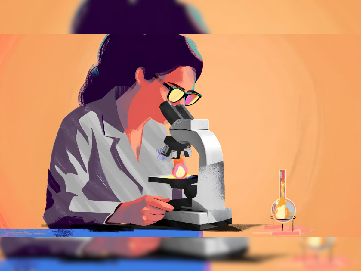 Animated female scientist examining a small flame under a microscope.