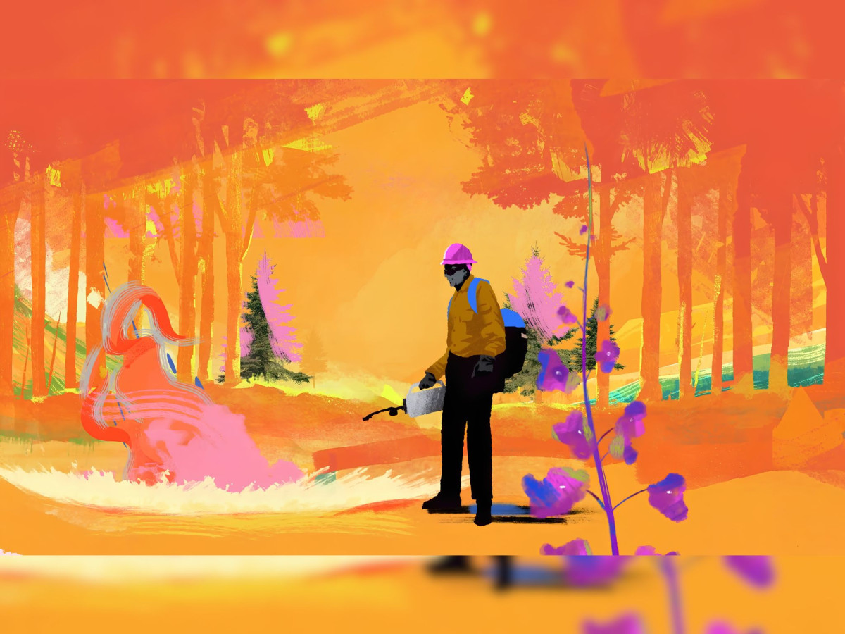 Animated worker with equipment standing in a fiery orange forest.