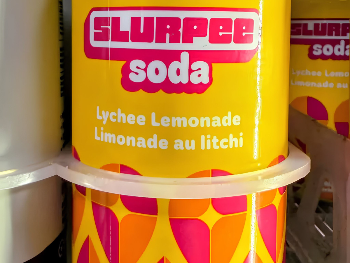 Yellow Slurpee Soda can in Lychee Lemonade flavor.