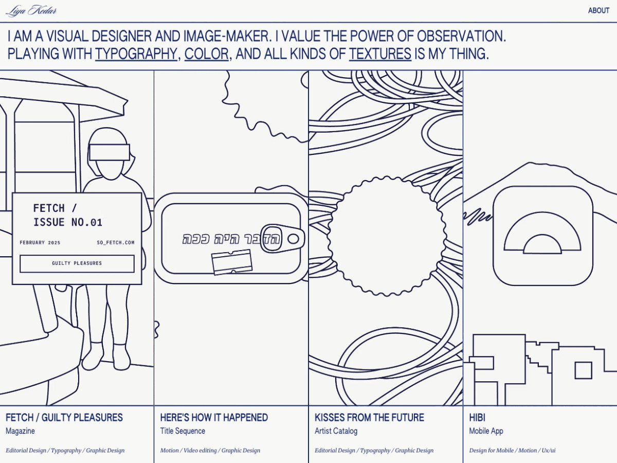 Wireframe portfolio homepage showcasing detailed line illustrations.