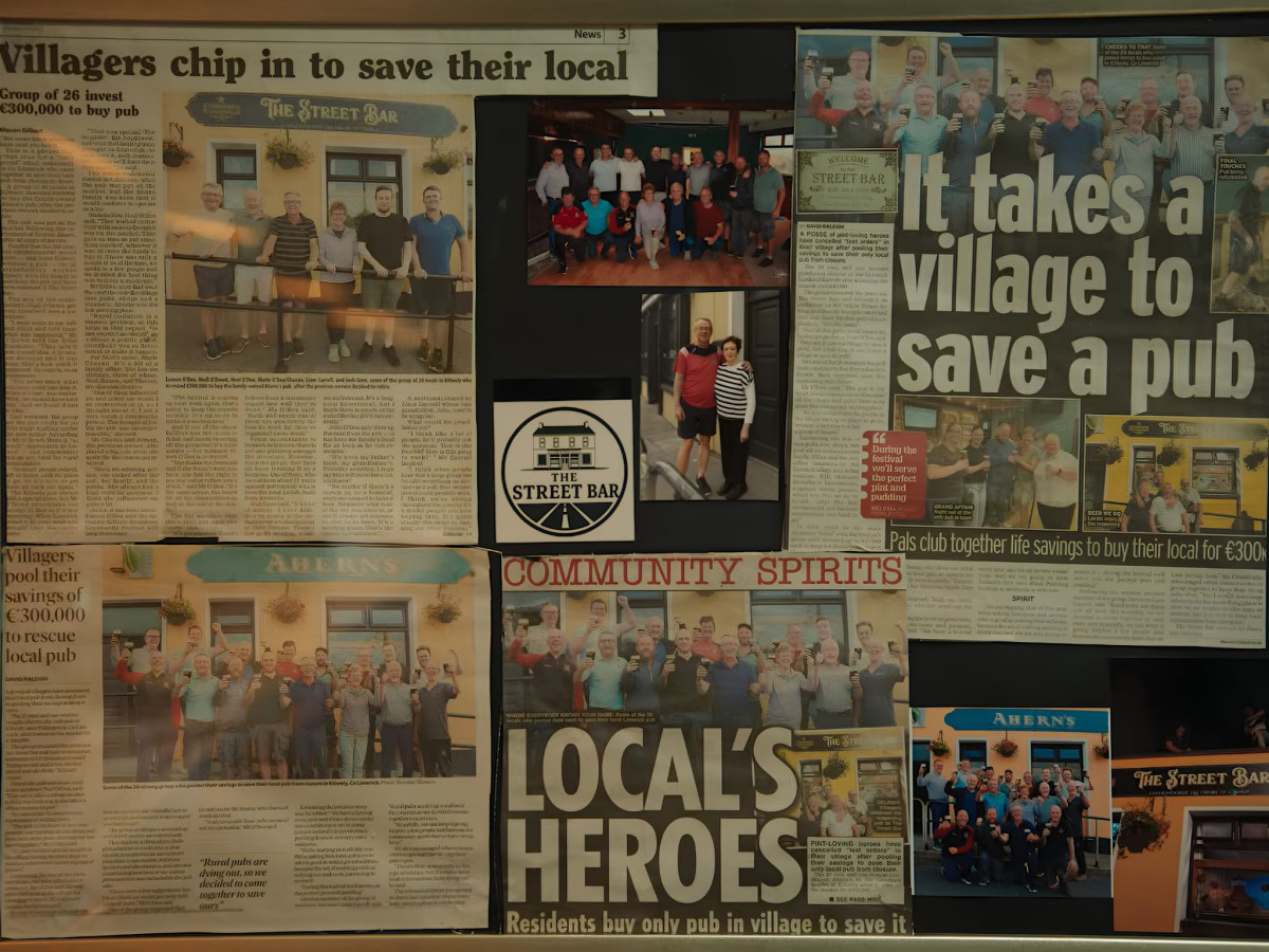 Collage of newspaper clippings about villagers saving their pub.
