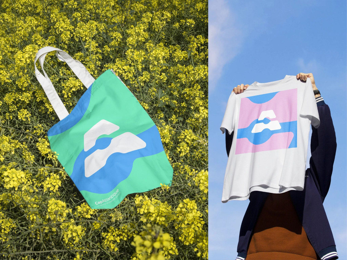 Tote bag and t-shirt displaying the new logo.
