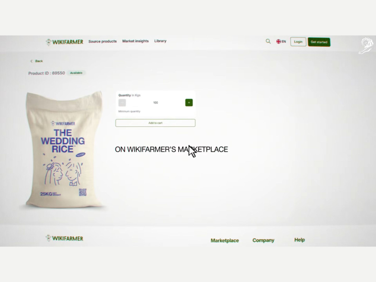 "The Wedding Rice" product page on the Wikifarmer marketplace website.