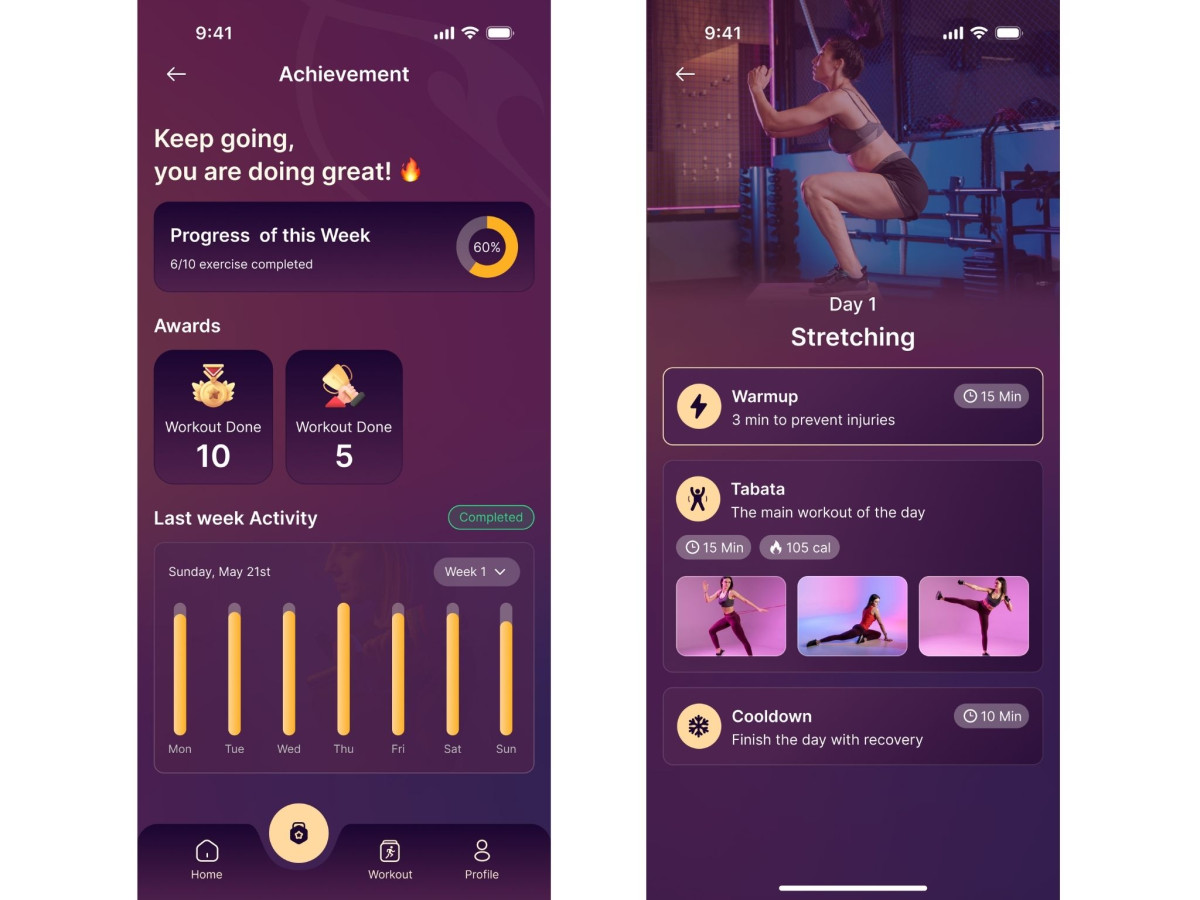 Fitness app Achievement and Stretching screens.